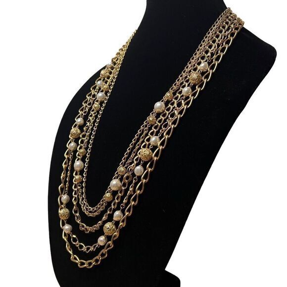 Gold-Tone Faux Pearl Bead Multi Chain Statement Necklace 34.5 in 5 Strand - Picture 4 of 16